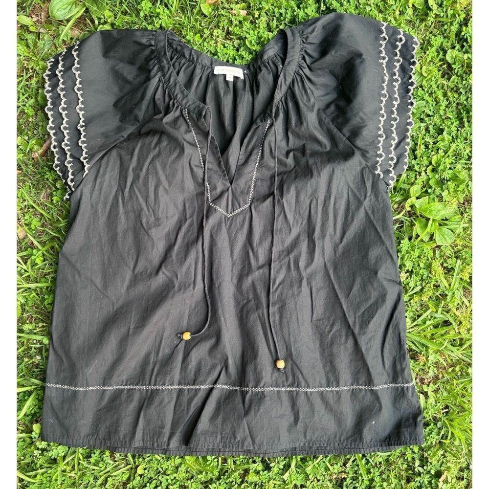 Ann Mashburn Blouse Shirt Size M  Linen Flutter Sleeve Popover Top